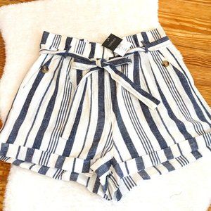 NWT Topshop Linen Blend High Waisted Shorts w Belt, White & Blue Stripes